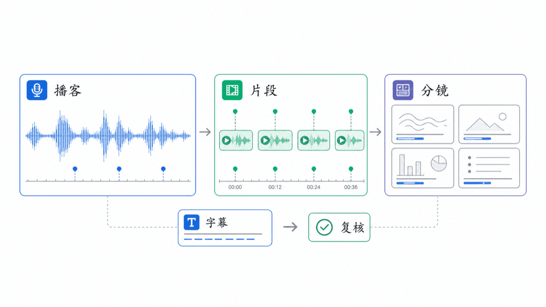 AI 播客转视频片段技术流程图