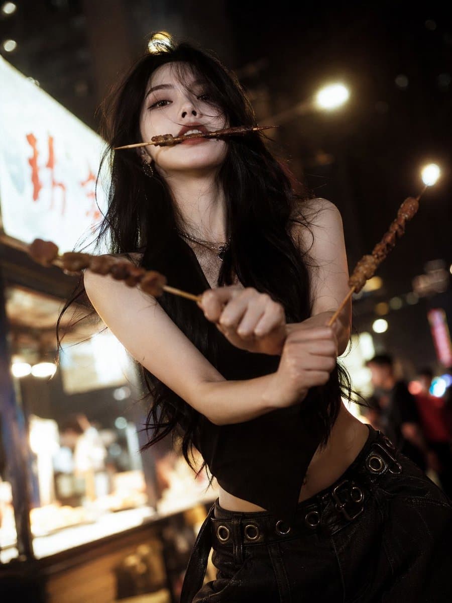 清冷佳人夜市烧烤三刀流提示词生成图
