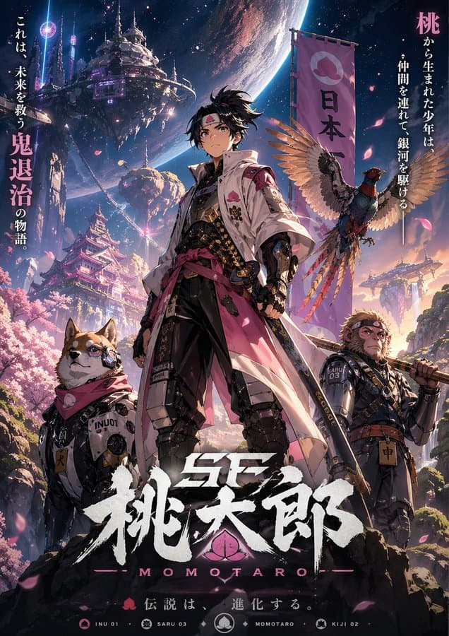 赛博科幻桃太郎主视觉图提示词生成图