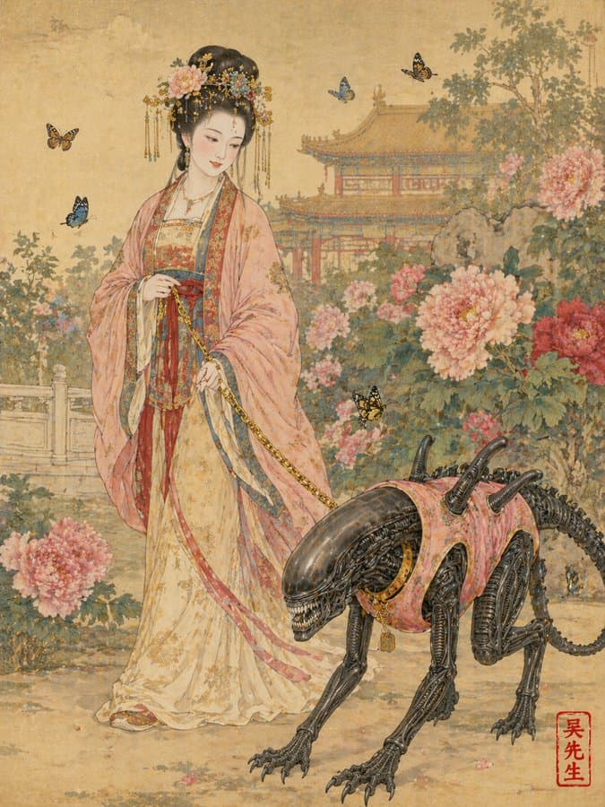 唐朝贵妇遛粉色马甲异形工笔画提示词生成图