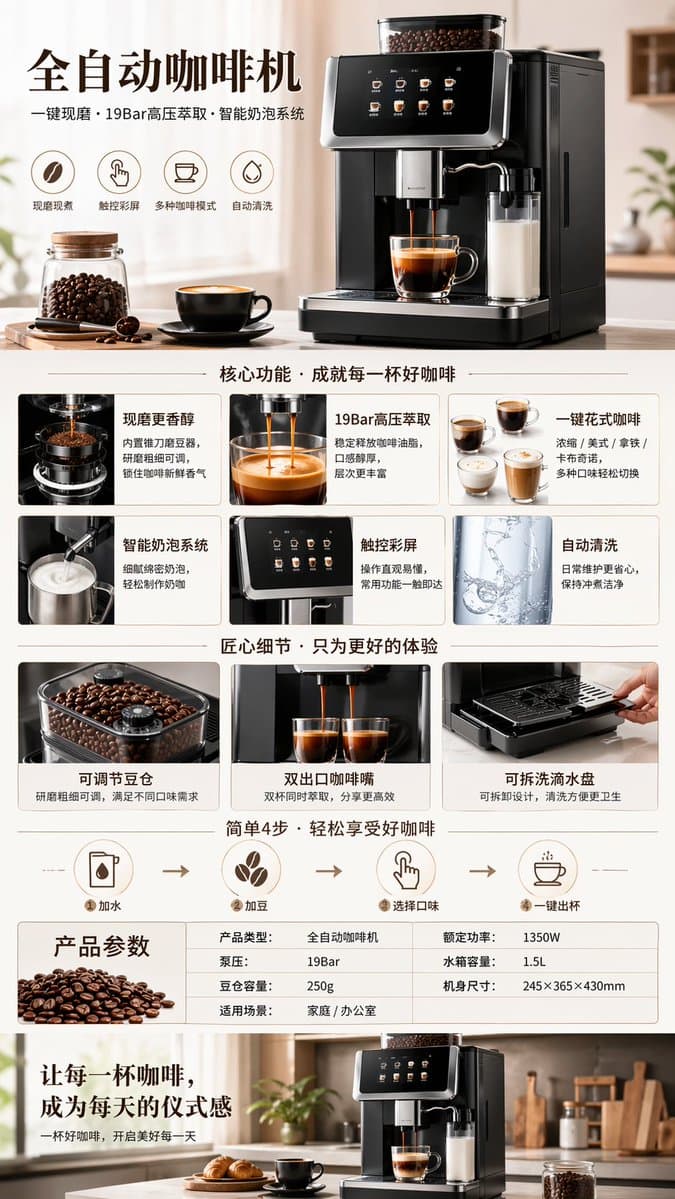 全自动咖啡机产品展示提示词生成图