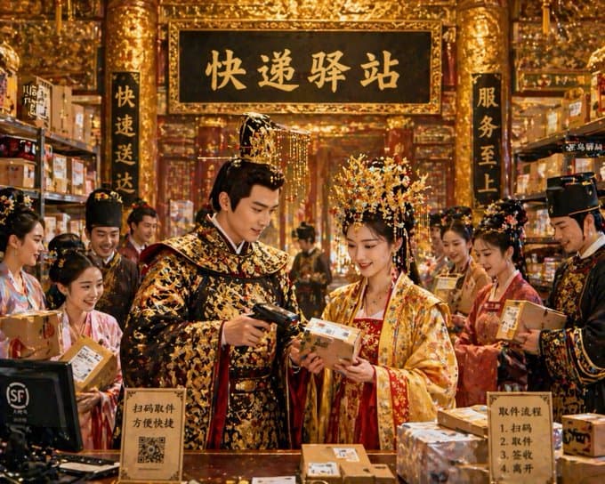 皇宫深处的御用快递驿站提示词生成图
