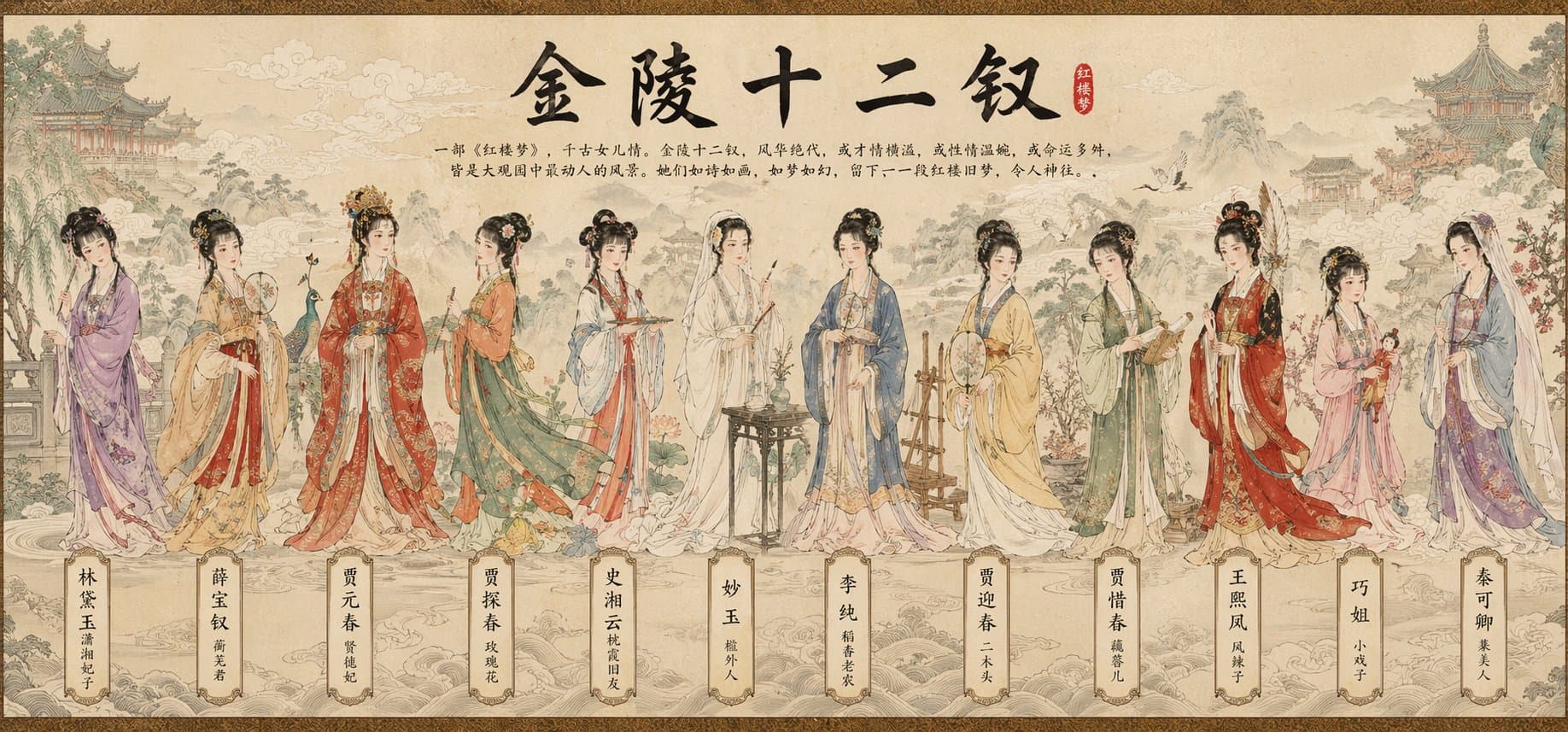 国风工笔八仙长卷插画提示词生成图