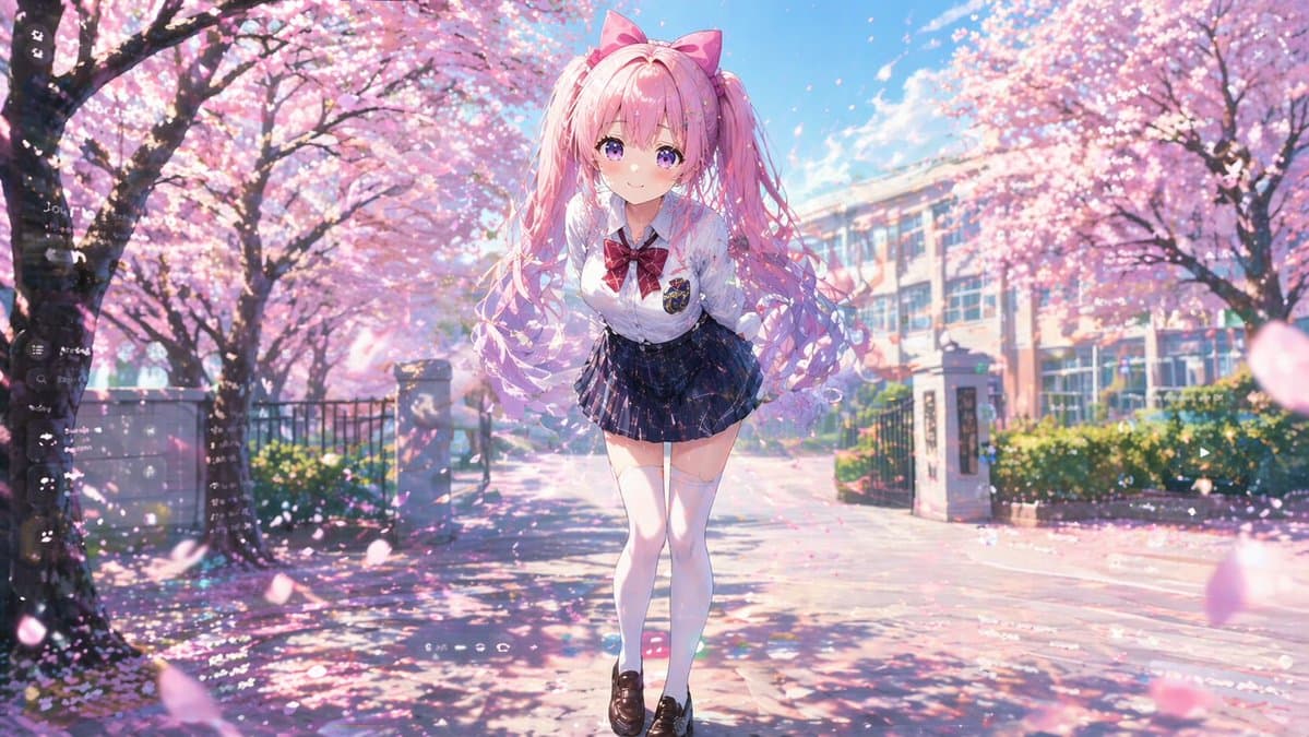 樱花树下害羞双马尾少女提示词生成图