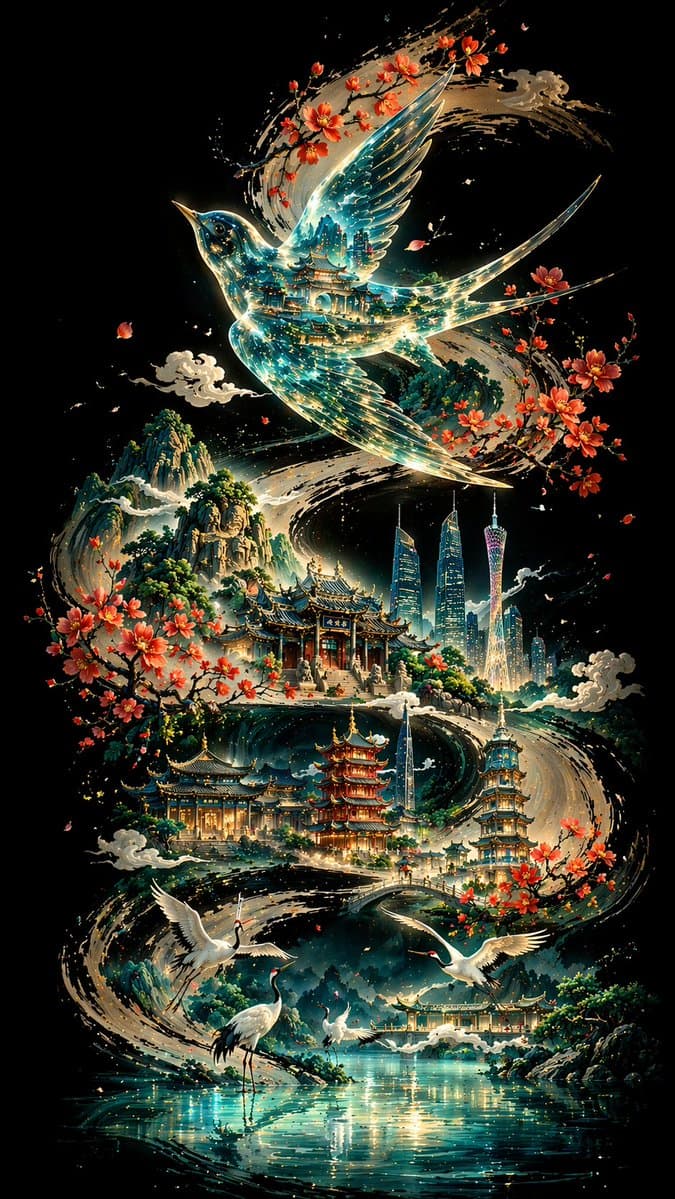 琉璃透明画眉鸟飞舞羊城墨卷提示词生成图