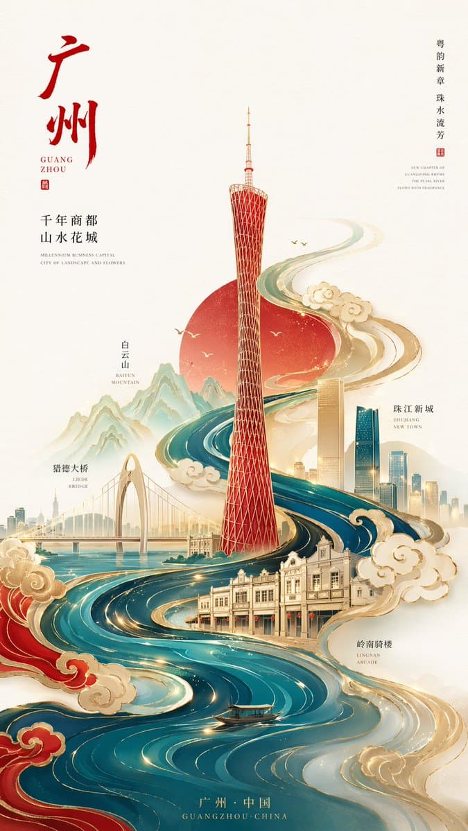 极简国潮鎏金广州塔海报提示词生成图