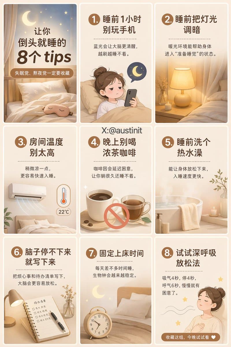 治愈系助眠指南九宫格提示词生成图