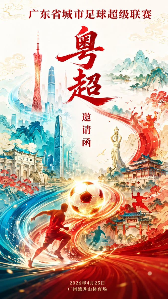 粤超联赛国潮风邀请函海报提示词生成图