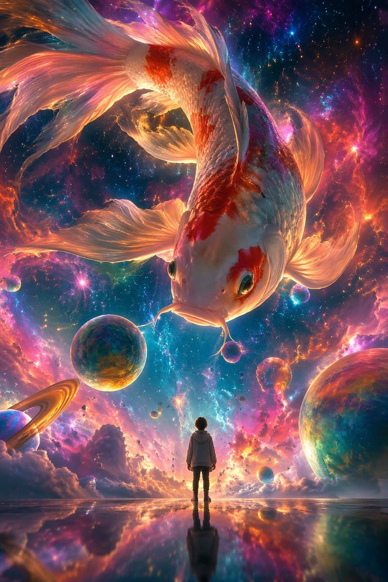 星云巨鲤与小人的奇幻对话提示词生成图