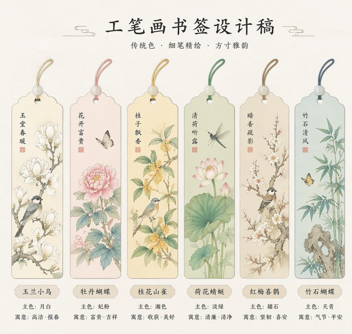 绝美国风工笔画书签设计提示词生成图