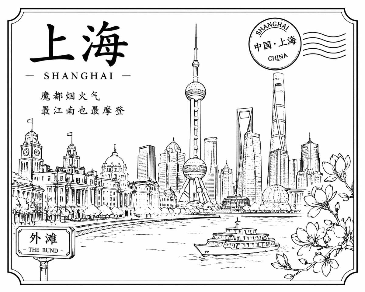 黑白线稿勾勒的上海风情提示词生成图