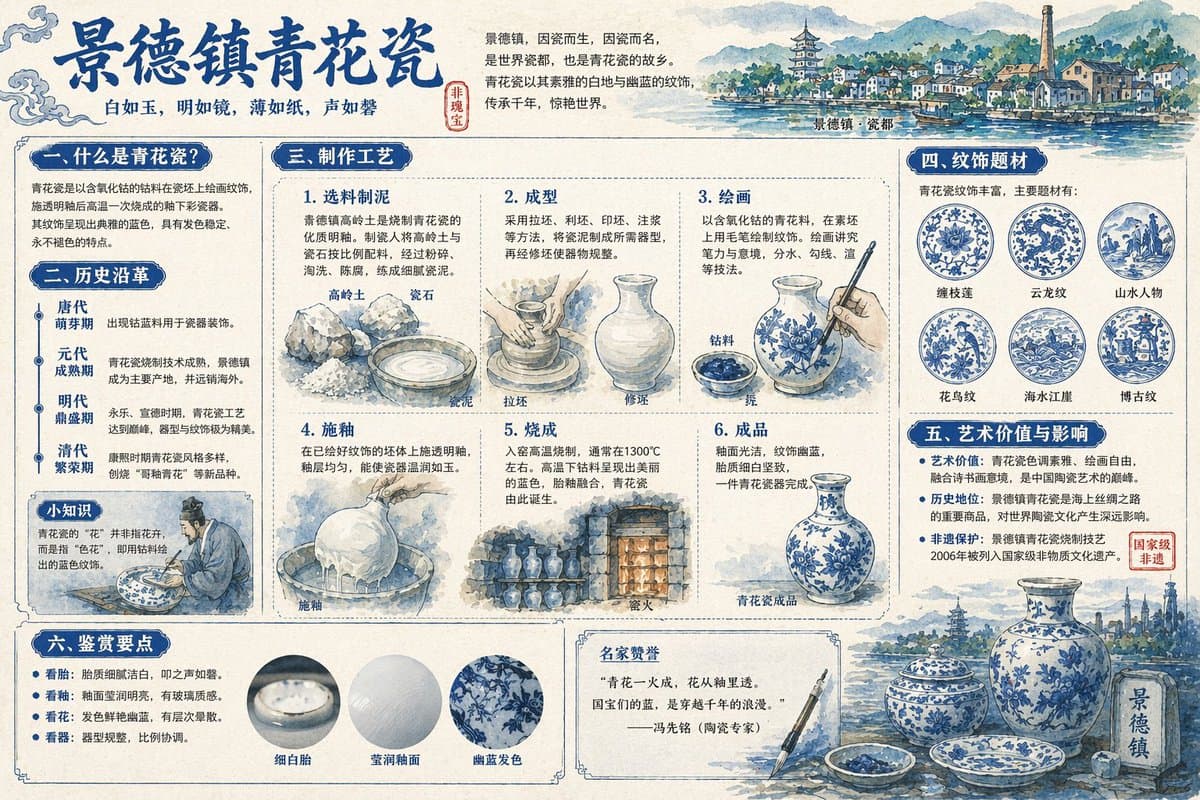 景德镇青花瓷全景解说图谱提示词生成图