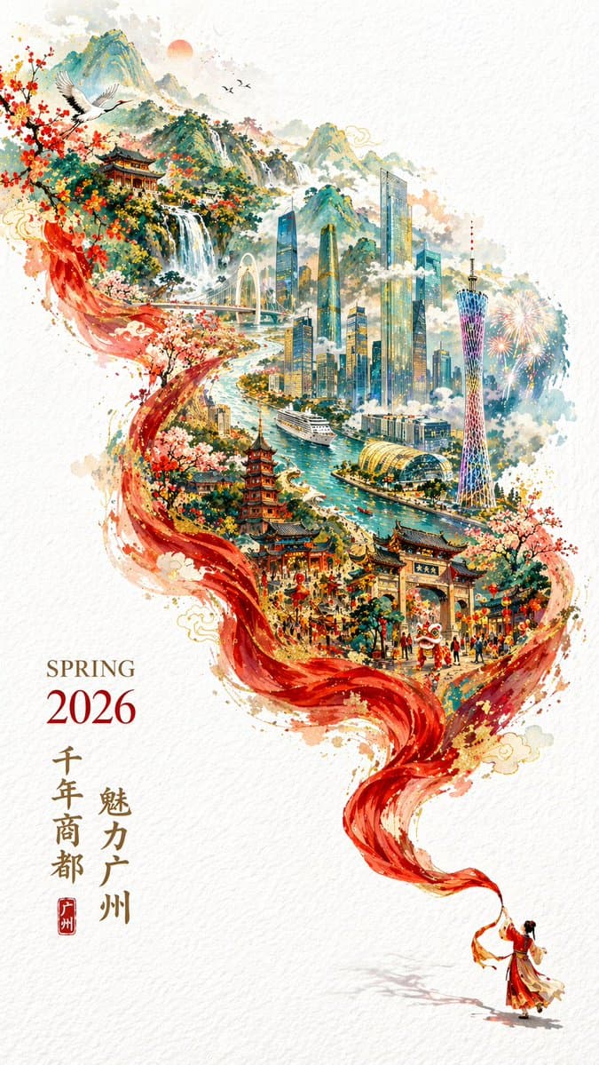 红绸幻化壮阔国潮羊城提示词生成图