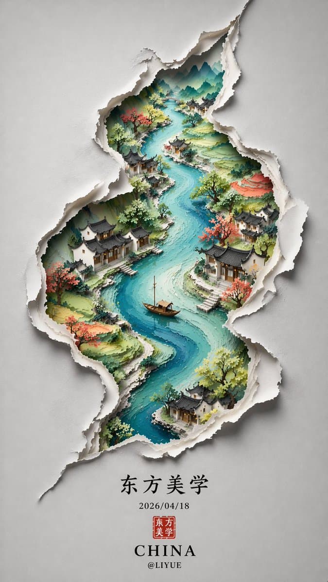 裂痕里的水墨东方山水画卷提示词生成图