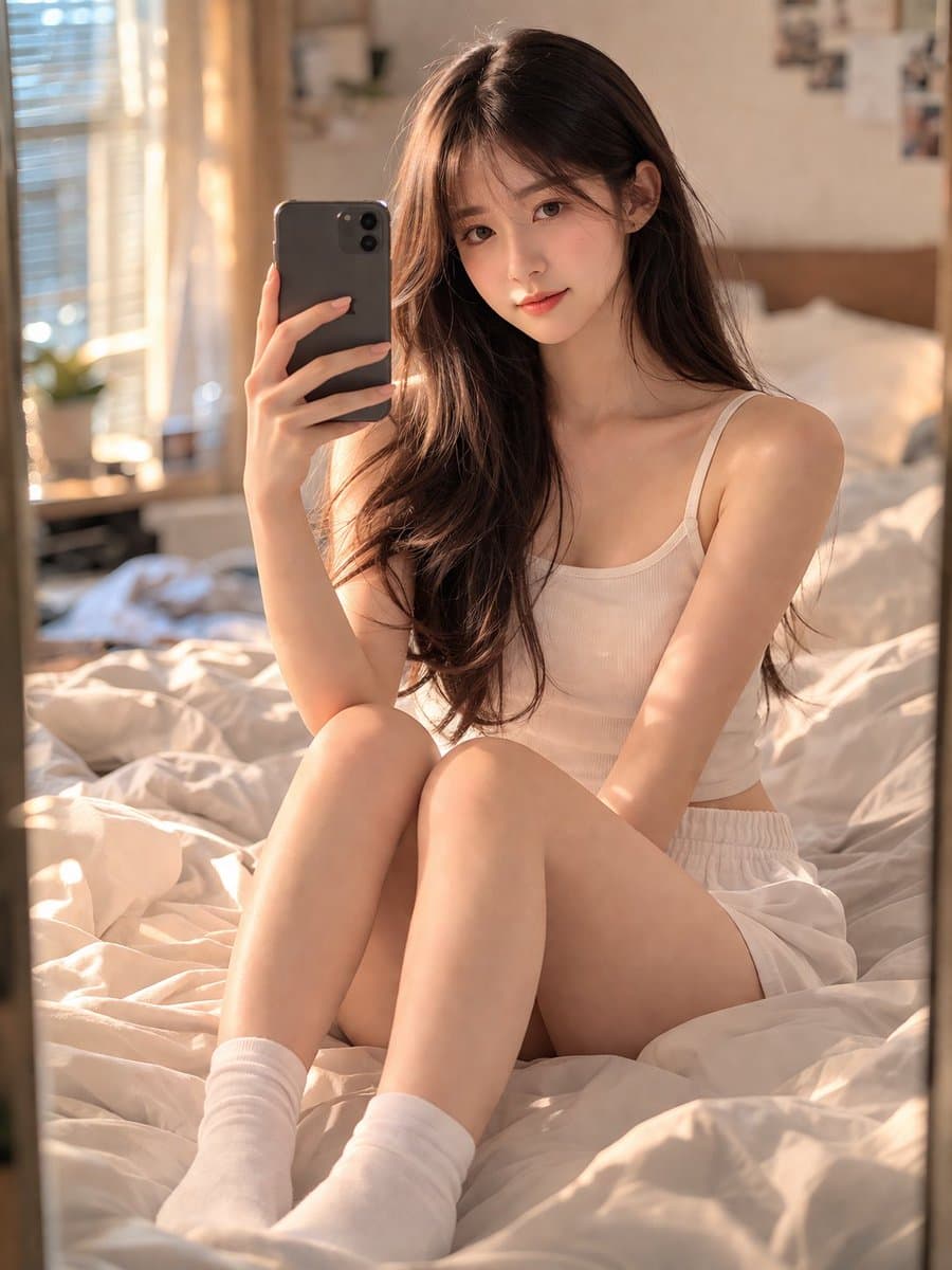 温馨卧室里的少女自拍提示词生成图