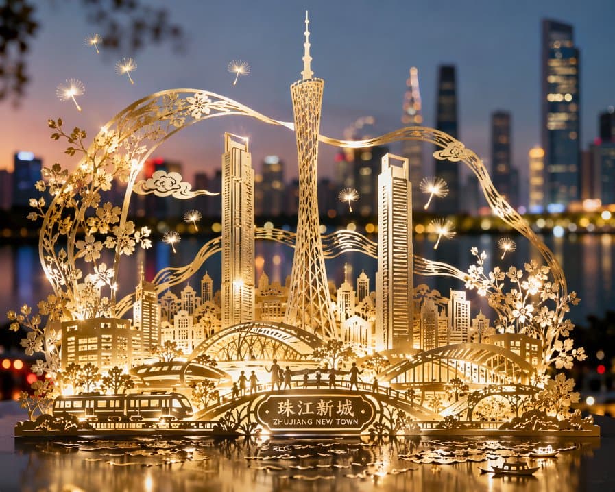 珠江新城剪纸璀璨夜景提示词生成图
