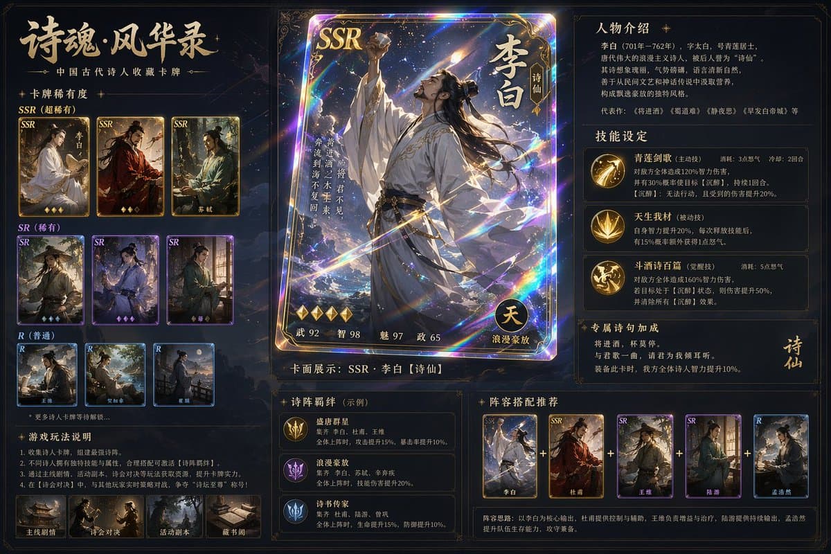 古风诗人镭射典藏卡牌提示词生成图