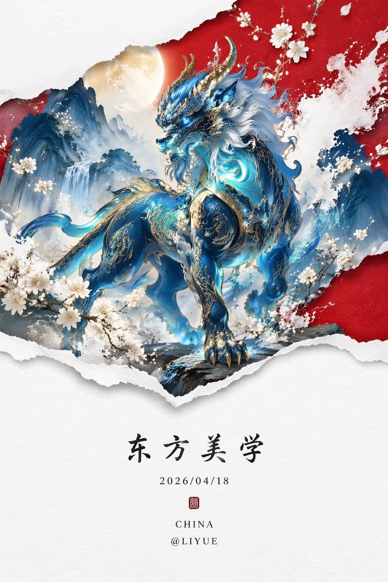 荧光蓝穷奇新中式山水画提示词生成图