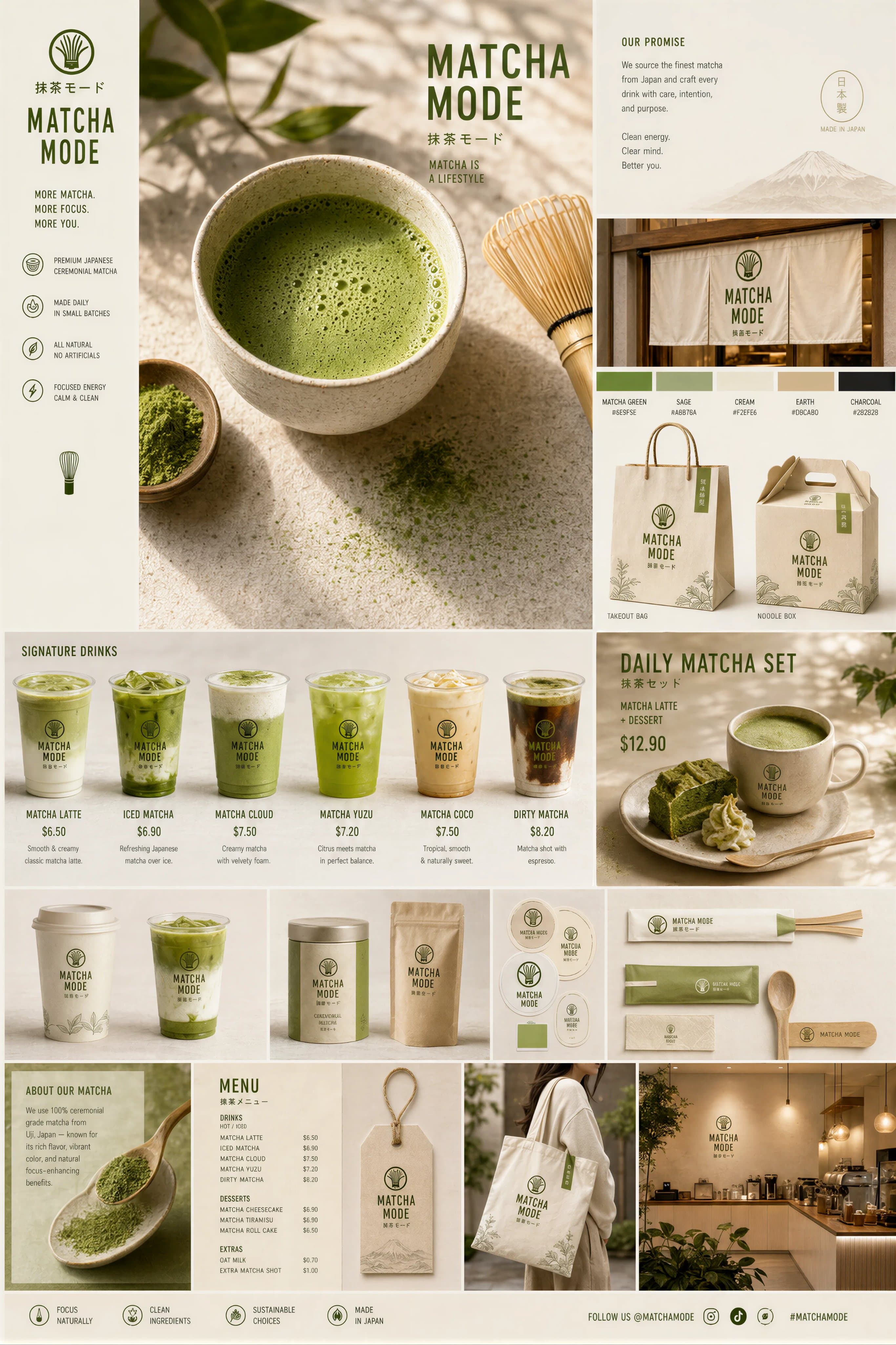 抹茶品牌触点系统视觉板提示词生成图