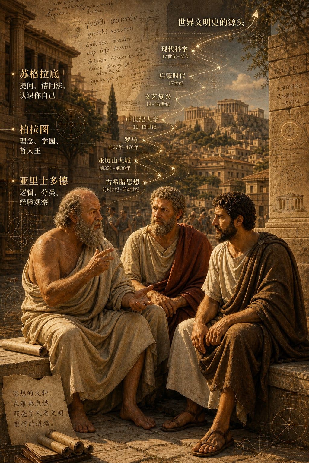 古希腊三哲时间轴城市图提示词生成图