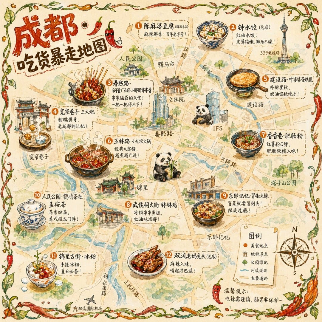 成都吃货暴走手绘美食地图提示词生成图