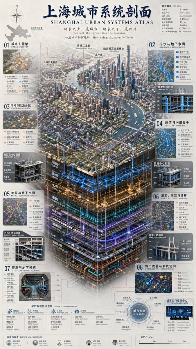 复杂城市系统剖面图谱提示词生成图