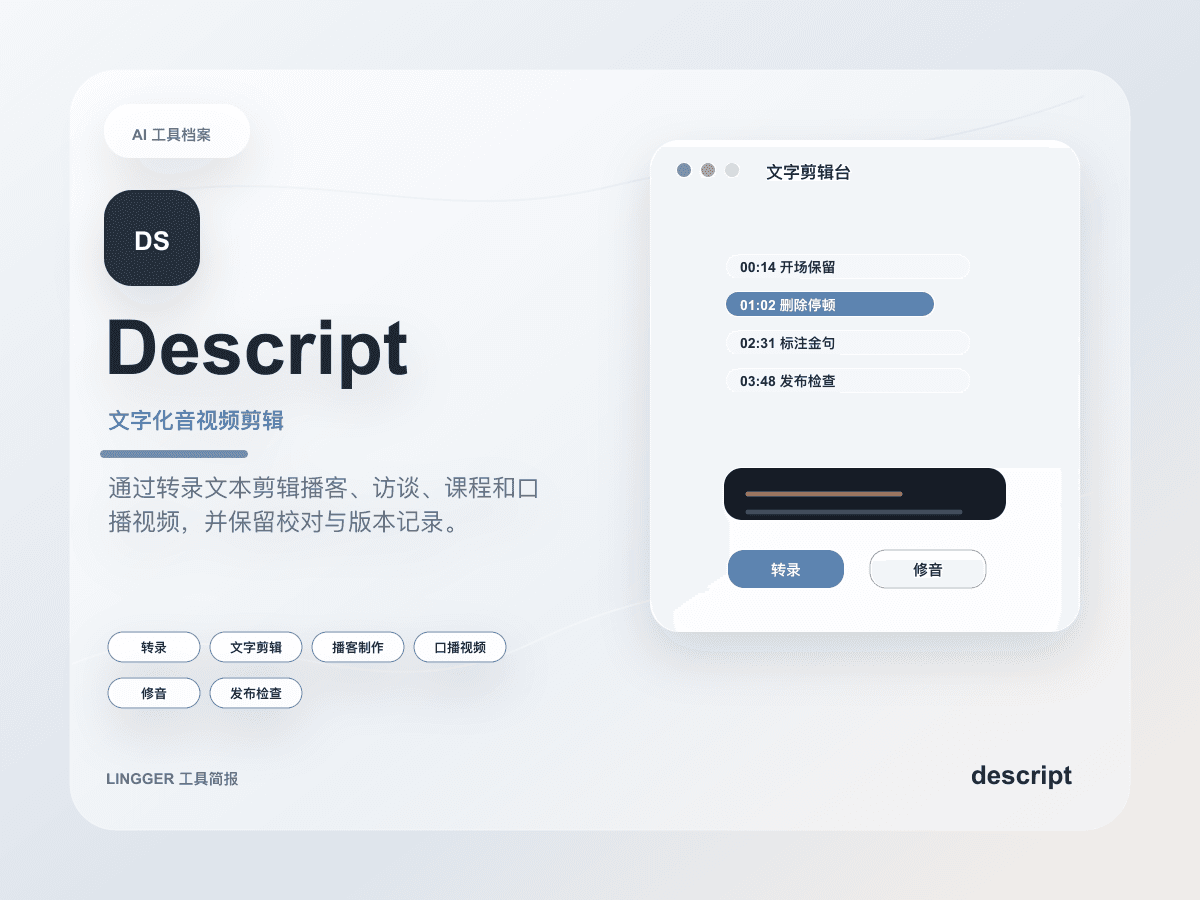 Descript 高级产品介绍封面，展示文字化音视频剪辑定位、能力标签和非官方转录剪辑卡片
