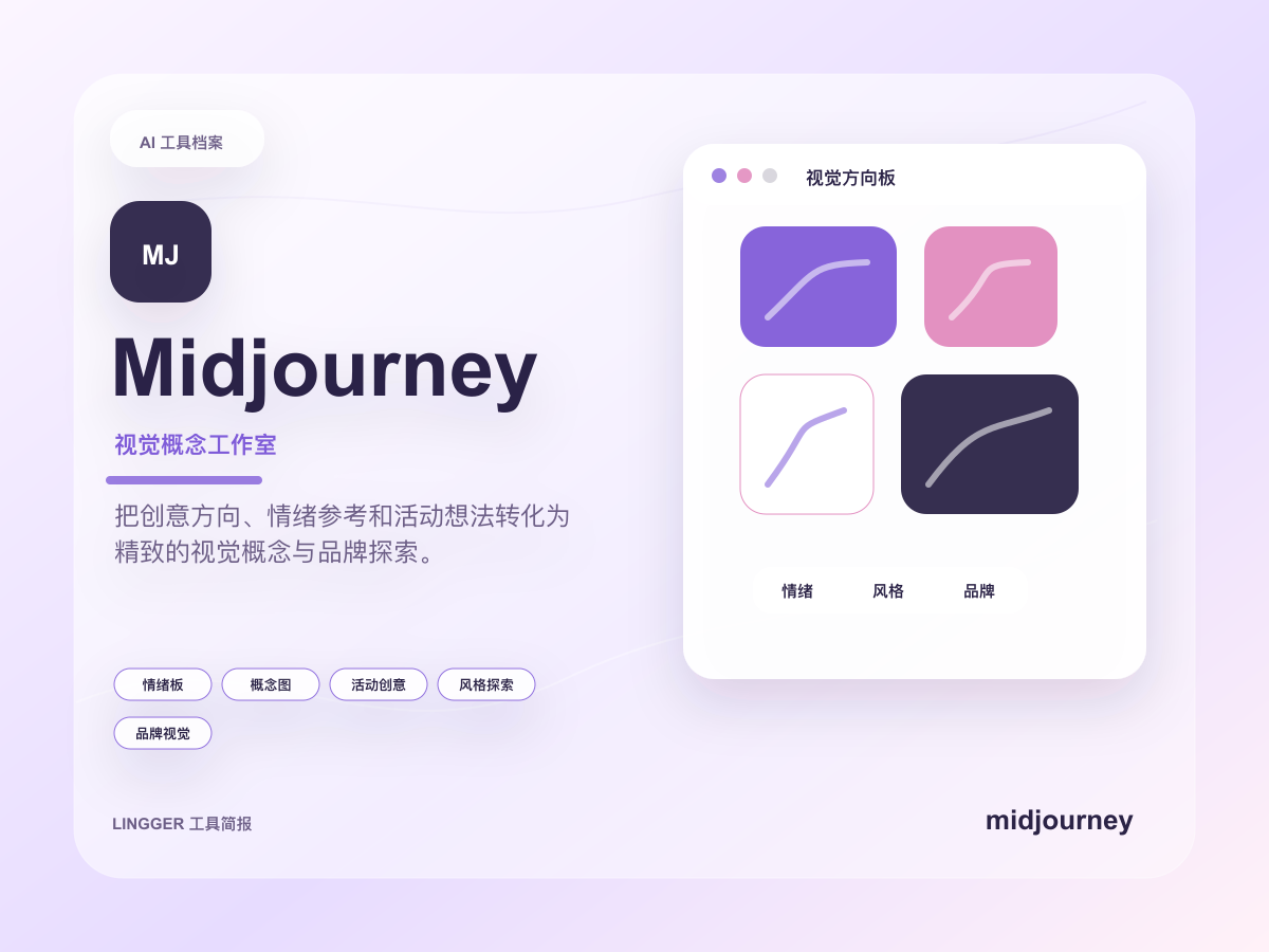 Midjourney 高级产品介绍封面，展示视觉概念工作室定位、能力标签和非官方情绪板卡片