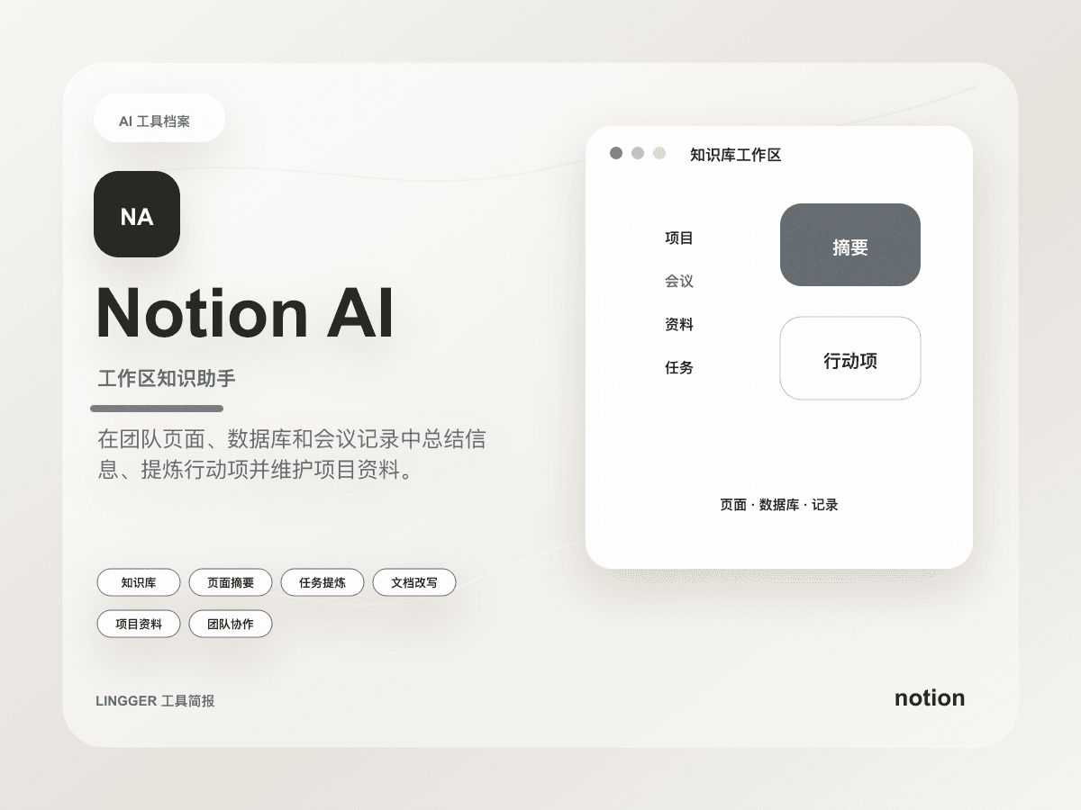 Notion AI 高级产品介绍封面，展示工作区知识助手定位、能力标签和非官方知识库卡片